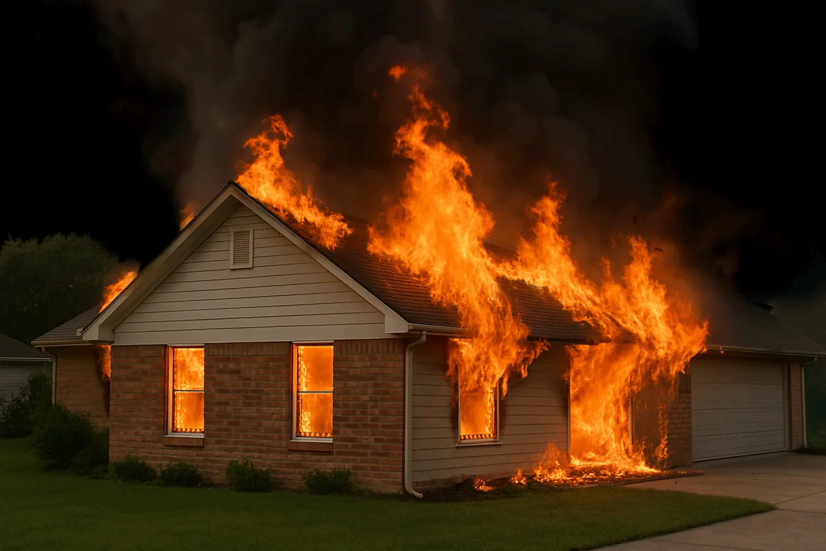 A house fire burning through the roof of a wood-framed home