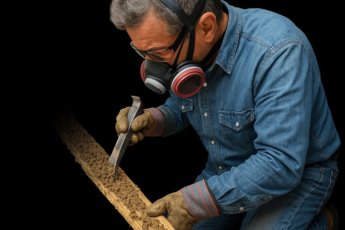 A pest inspector opening a length of termite-eaten framing lumber