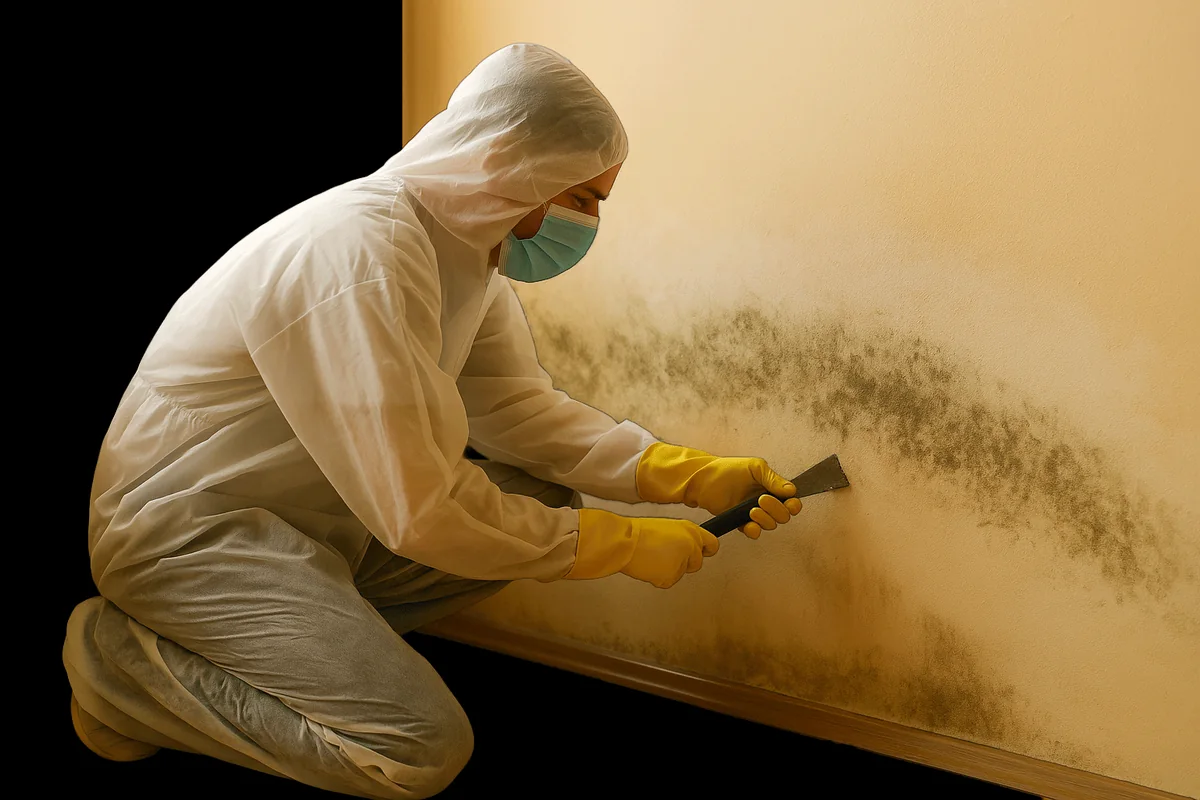 Mould remediation work on the inside face of a damp wall