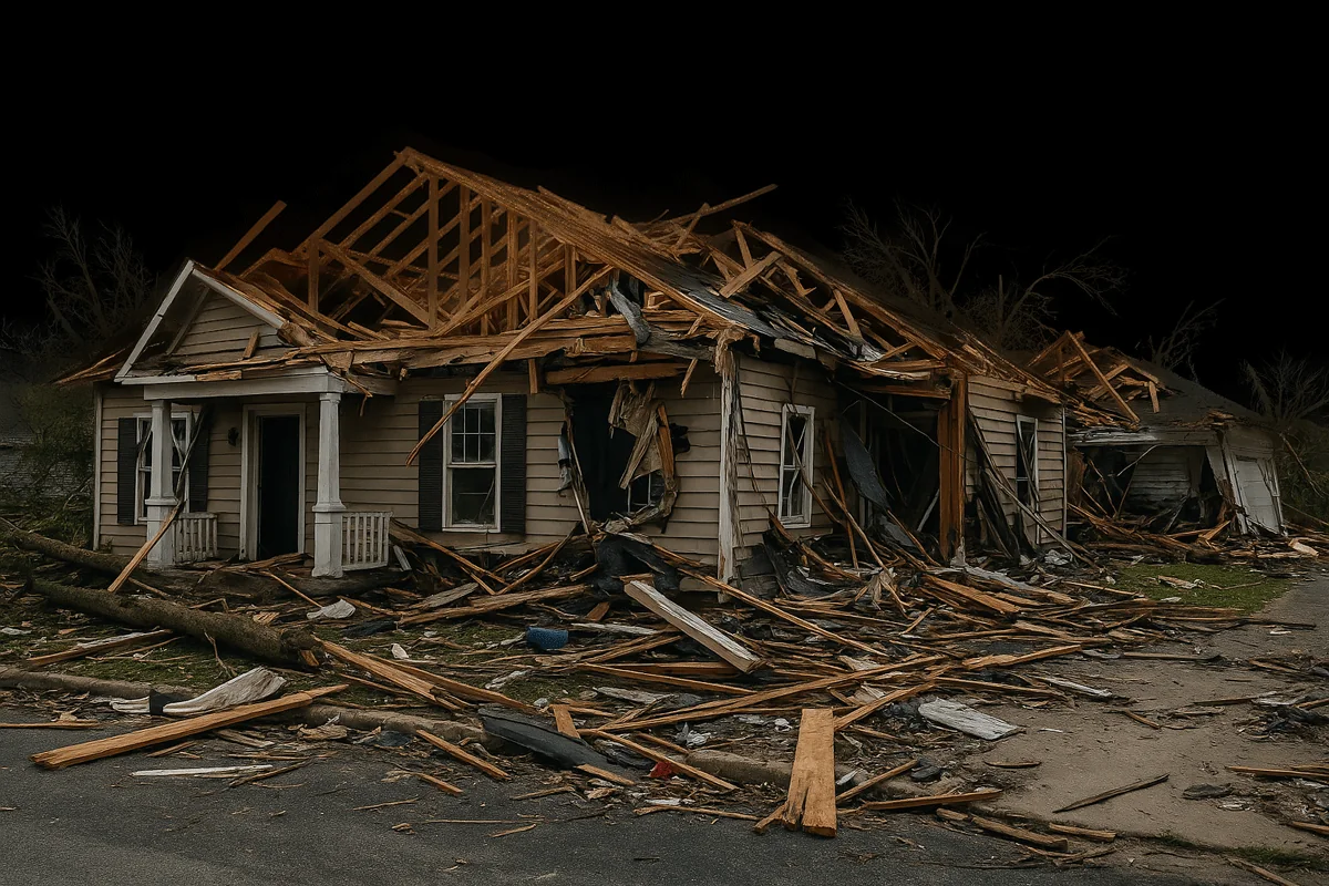 A wood-framed house torn open by hurricane-force wind