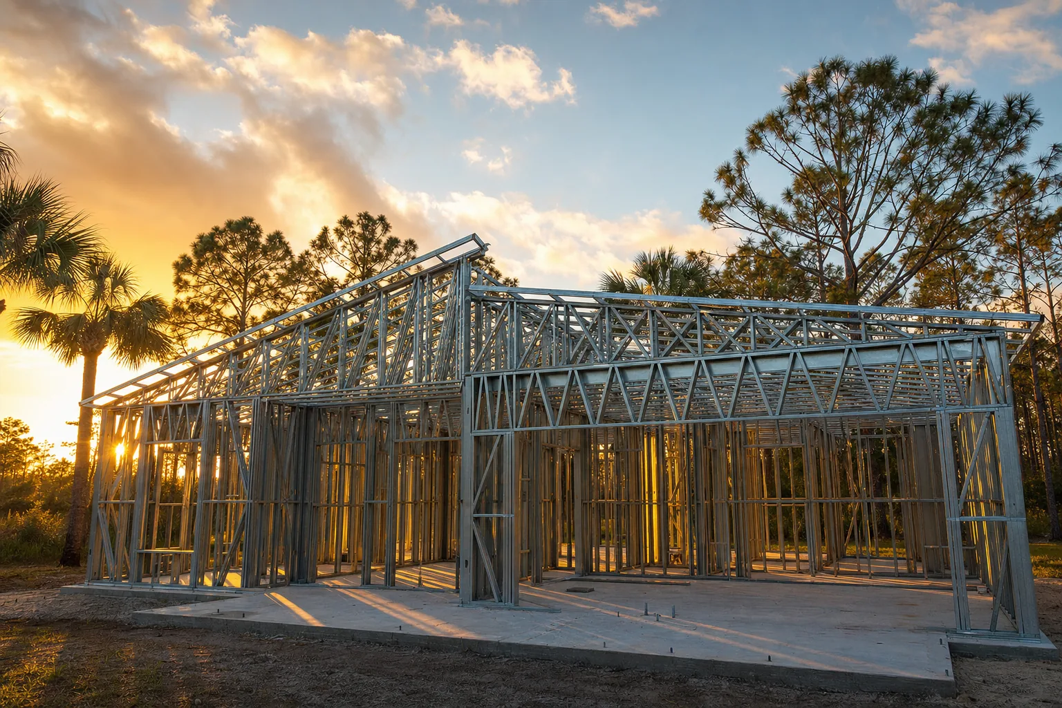 Rendering of a complete galvanized cold-formed steel house frame on its slab at golden hour